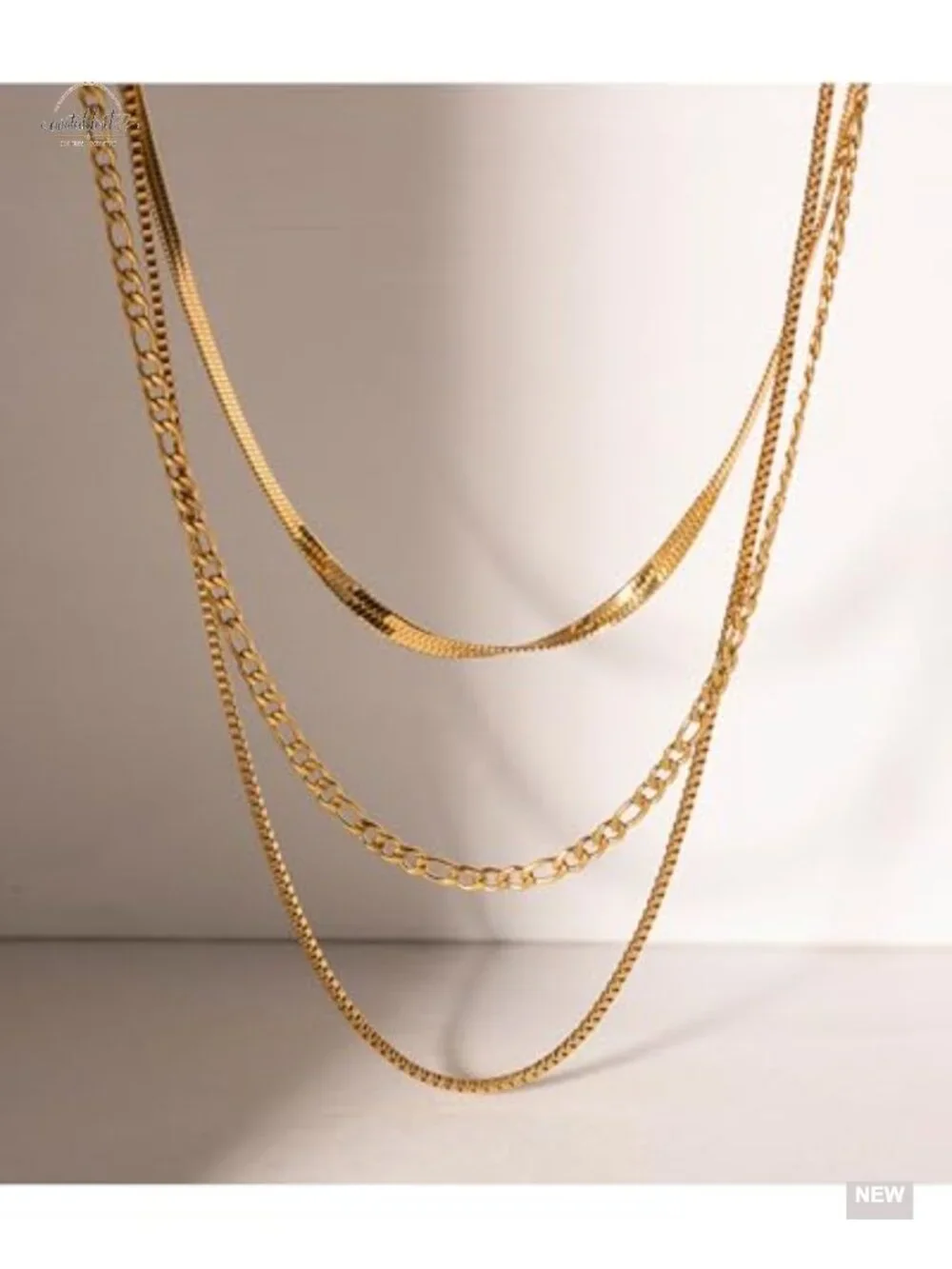 3 Piece Layered Gold Plated Necklace Set Cuban Herringbone Figaro Chain Stack
